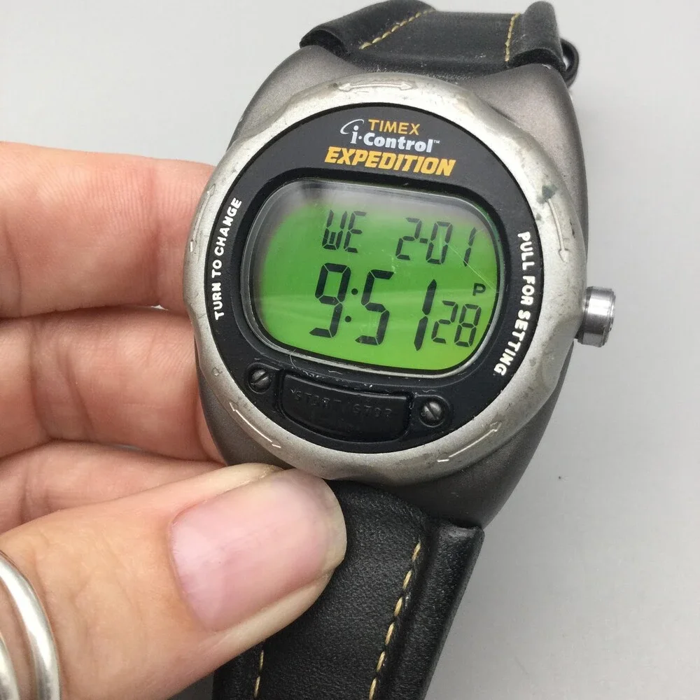 Timex Expedition I-Control Mens Watch 42mm Green Digital Black Leather New Batt